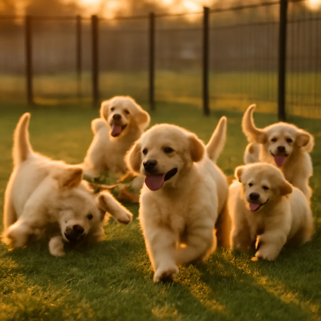 Filhotes de golden retriever brincando na grama do canil