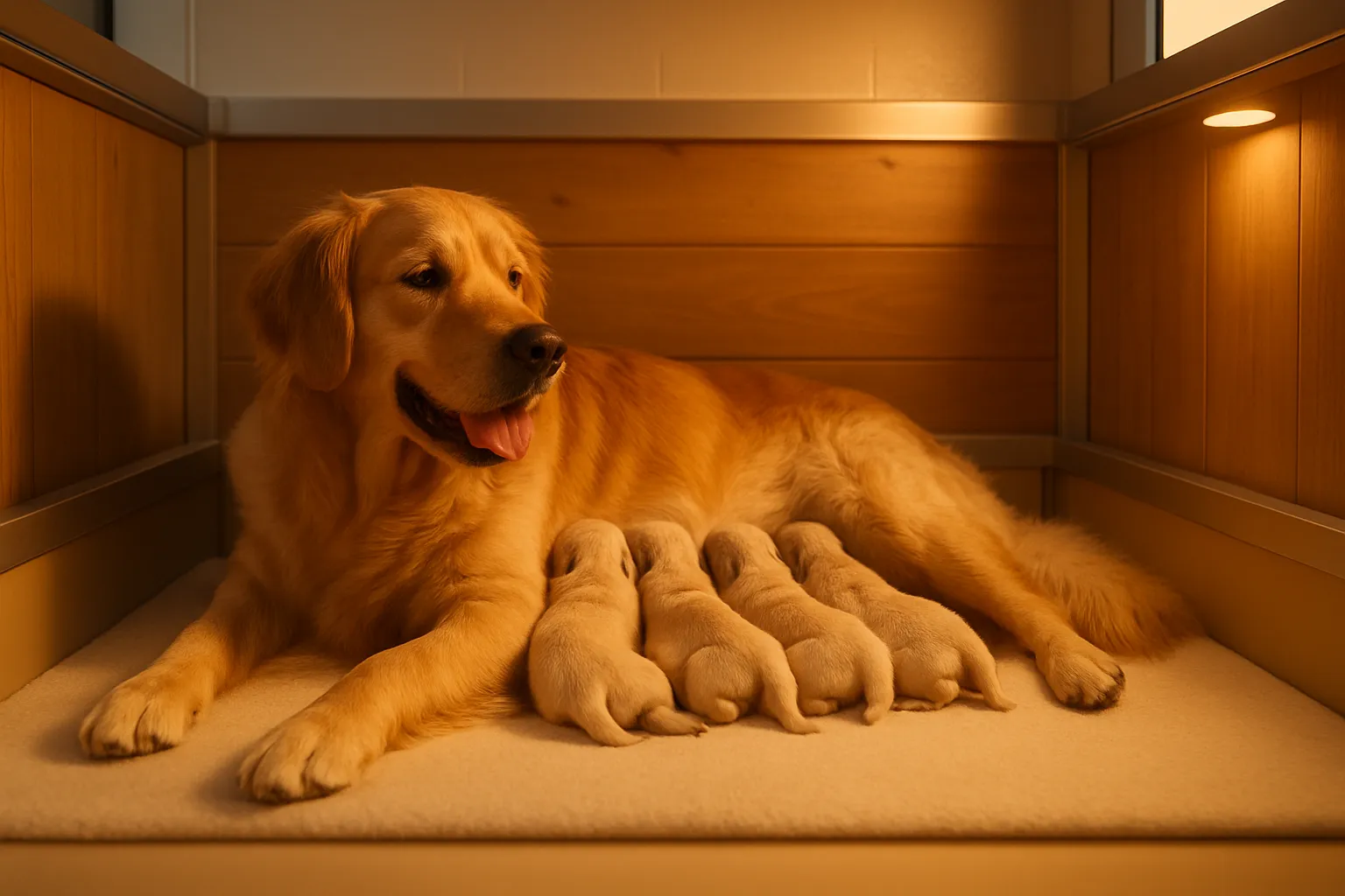 Matriz golden retriever amamentando filhotes na maternidade do canil