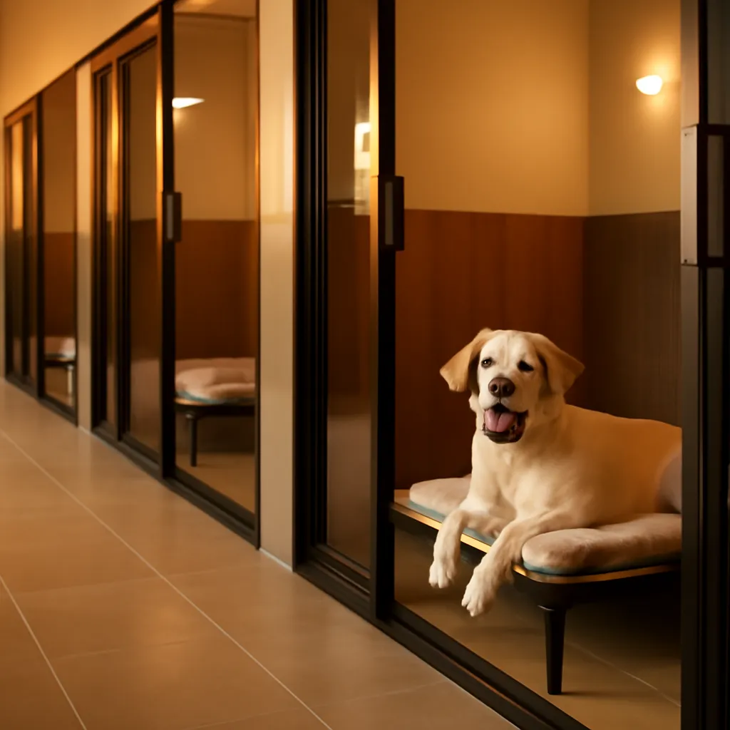 Suítes premium do hotel de cães, limpas e iluminadas